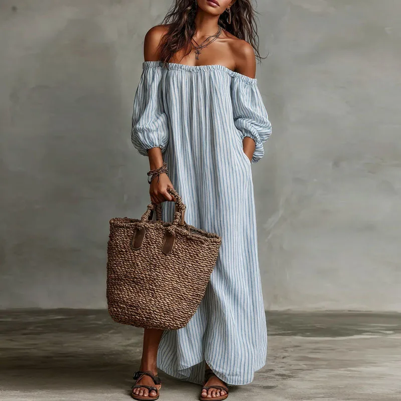 Spring Summer Beach Vacation Maxi Dress Woman Sexy Off Shoulder Puff Sleeve Lon… - Image 3
