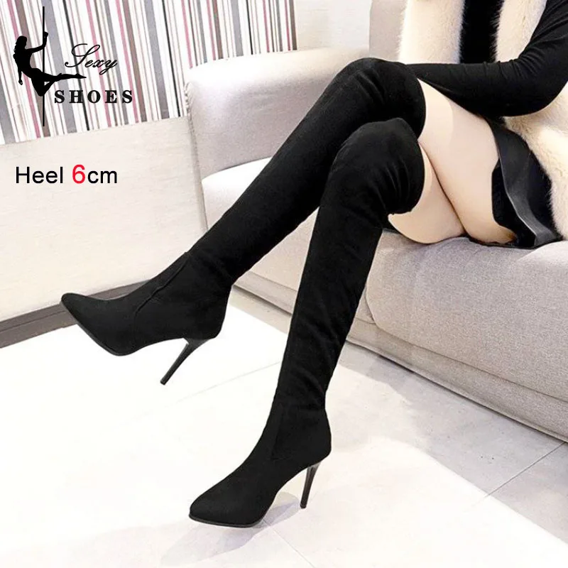 Over-the-knee Long Tube Boots Women\'s New Winter Plush High Heels 6cm 8cm 10cm Black Suede Pointed Toe Thin Heels Party Shoes