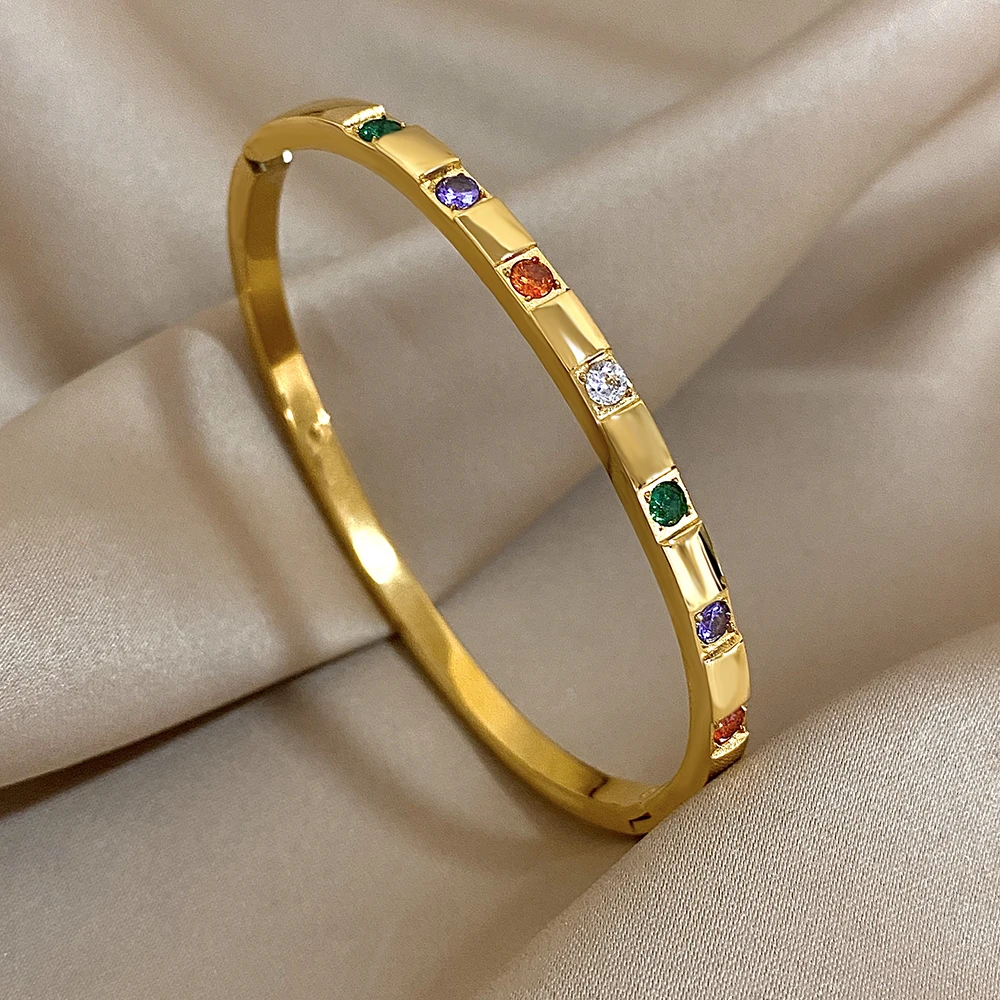 Greatera eingelegtes Zirkonia-Edelstahl-Manschettenarmband, Armreifen für Frauen, vergoldeter Metall-Charm, wasserdichter Schmuck, Party