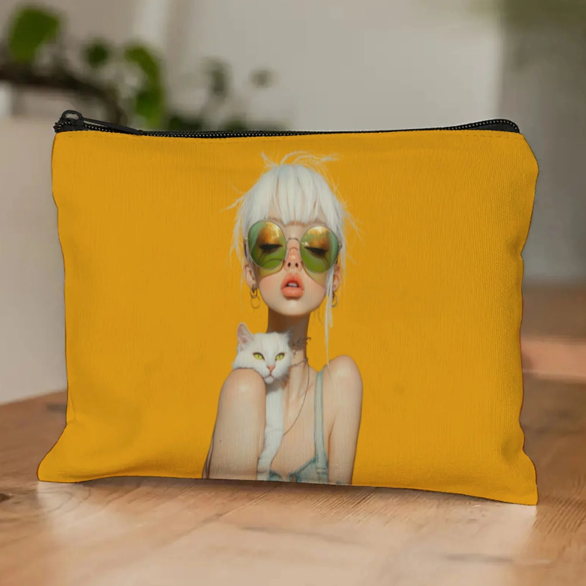 حقيبة مكياج أنيقة بسحاب على شكل قطة بيضاء، حقيبة مستحضرات تجميل محمولة مع مرآة وحقيبة أدوات الزينة للسفر المتينة #5