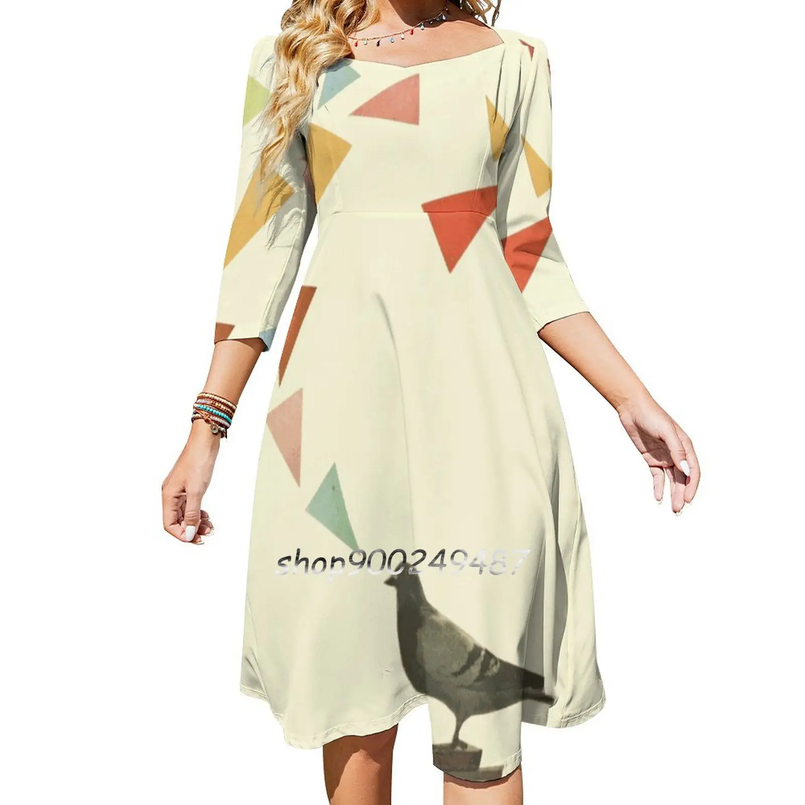 Pigeon Radio Women Spring Autumn Long Sleeve Dress Female Casual Dress Collage Cut Paper Collage Surreal Bird Pigeon Music