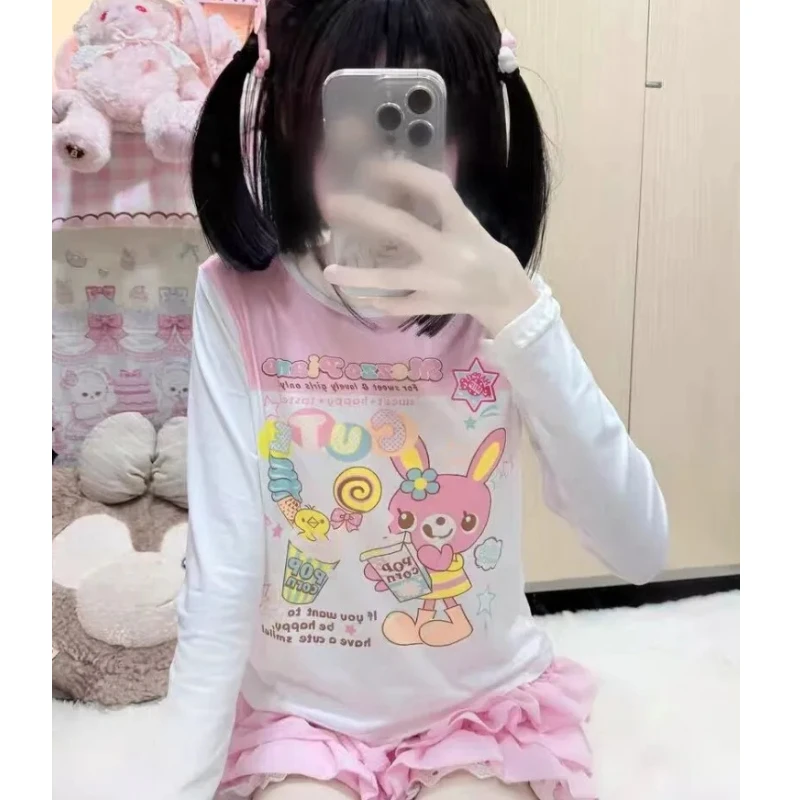 Y2k Japanese Kawaii Cartoon Print Tops Women Harajuku Cute Slim T-shirt Aesthetic Preppy Style Fairy Grunge Long Sleve Tee Shirt