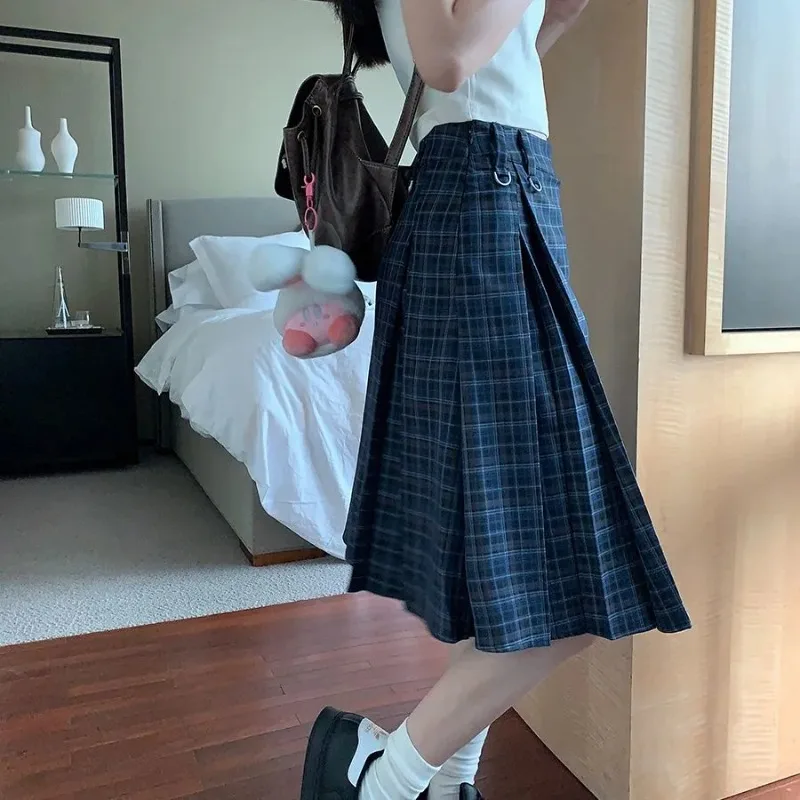 Preppy Style Vintage Plaid Pleated Knee Skirts Spring Summer New High Waist Female Clothing Stylish Zipper Elegant A-Line Skirts
