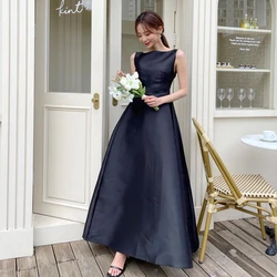 SONDR Boat Neck Korea Evening Dress Customized Outdoor Black Satin Wedding Formal Prom Dress Floor Length Evening Gown Bridal