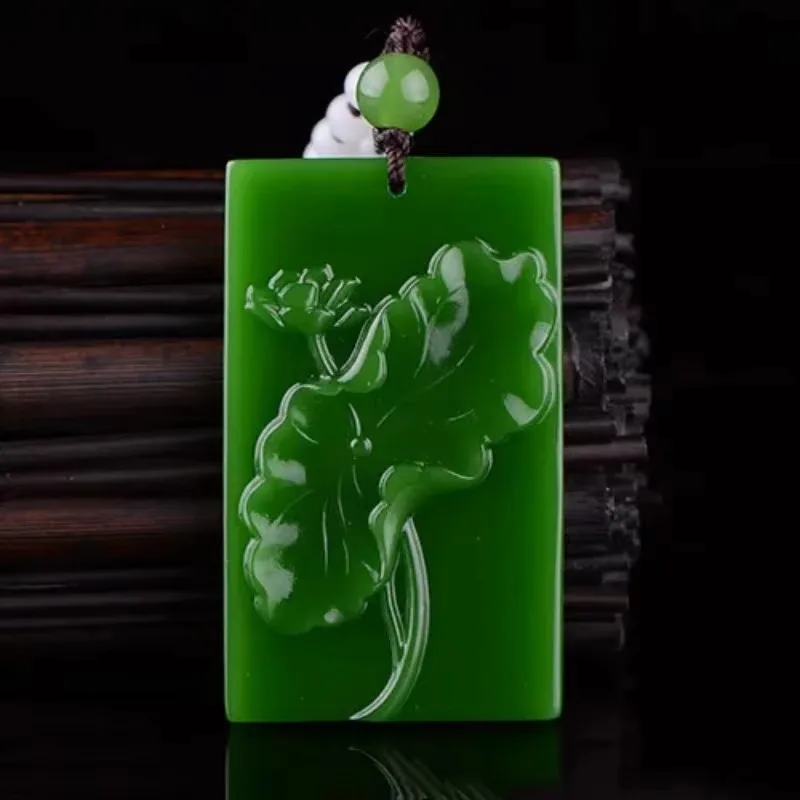 

Natural Green Hand Carved Lotus Leaf Jade Pendant Fashion Jewelry Necklace Spinach Green Men Women Lotus Leaf Pendant Jade Card