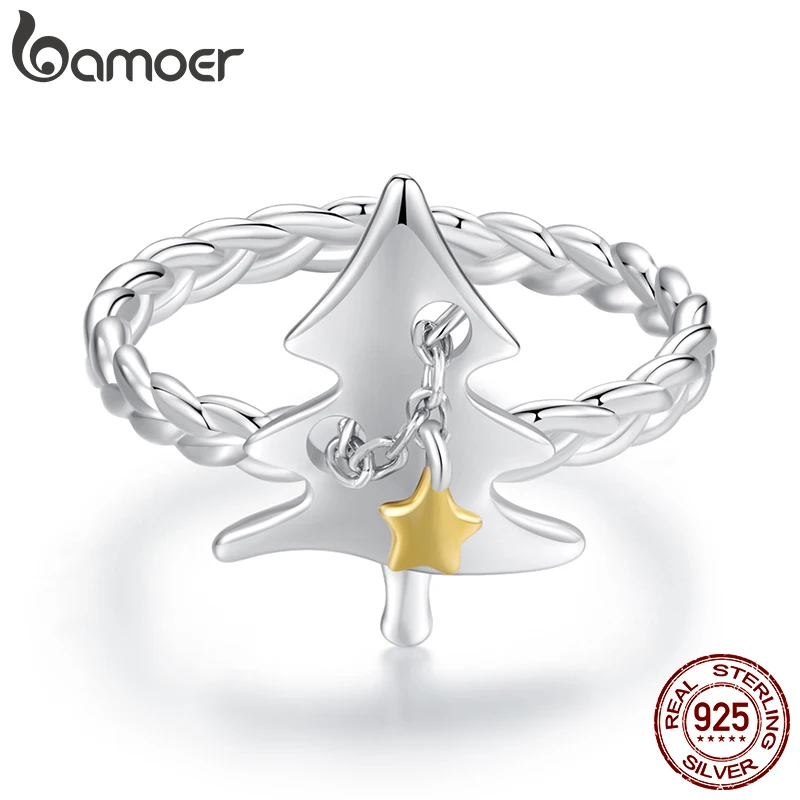 

BAMOER Solid 925 Sterling Silver Christmas Tree Adjustable Ring, Cute Christmas Jewelry Birthday Gift for Women SCR1081-E