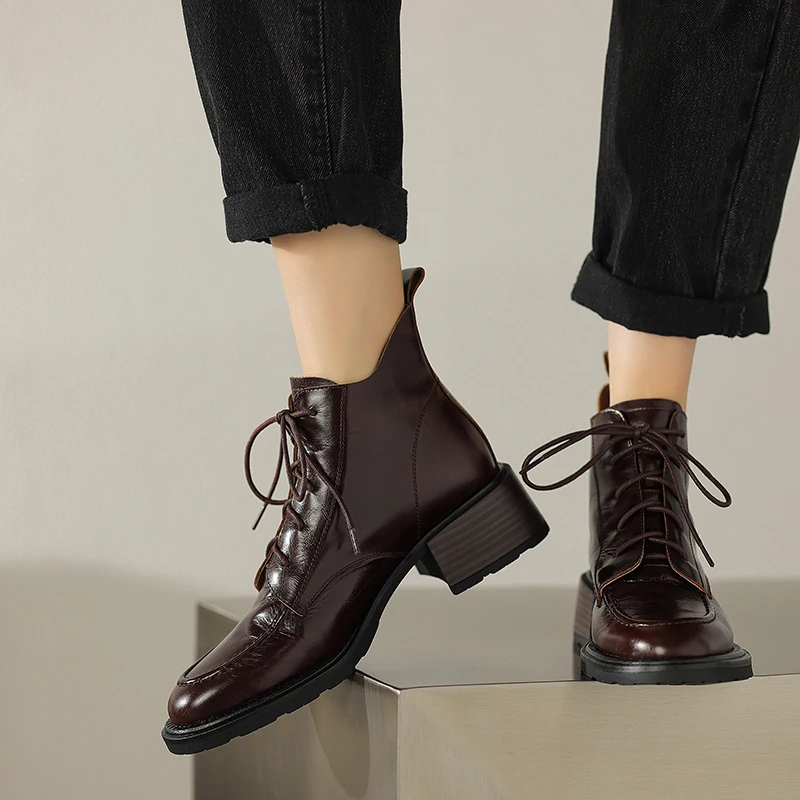 2024 New Autumn Women Shoes Lace-up Chelsea Boots Women Boots Winter Ankle Boots Chunky Boots Western Boots Genuine Leather