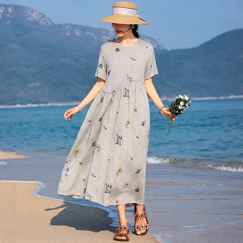 

100% Ramie Floral Embroidery Women Casual Dress New 2026 Summer O-neck Loose Comfortable Female A-line Long Dresses M2631