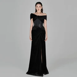 Customized Black Off the Shoulder Velour Evening Dress Sleeveless Backless Party Dress Pleat A-line Floor Length Prom Gown