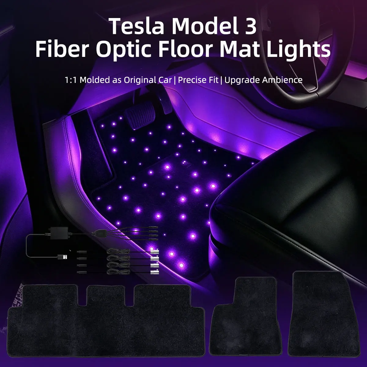 For Tesla Model Y 3 Car LED Starry Sky Foot Mat Light USB Auto Fiber Optic Lights APP Control Decoration Atmosphere Light