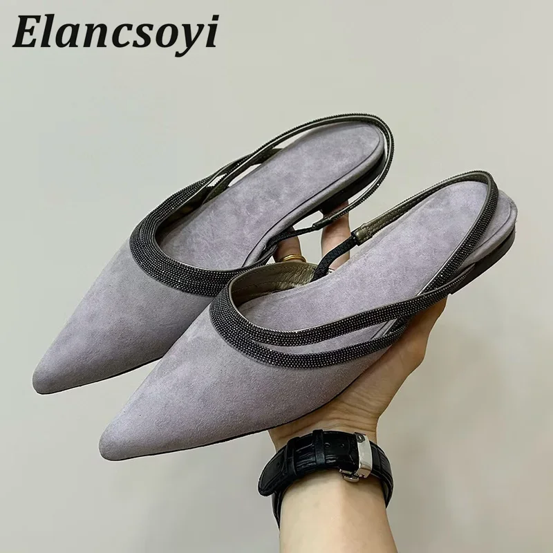Summer Pointed Toe Flats Lazy Mules Shoes Women Suede String Bead Decor Back Strap Sandals Ladies Outdoor Comfort Sandalias