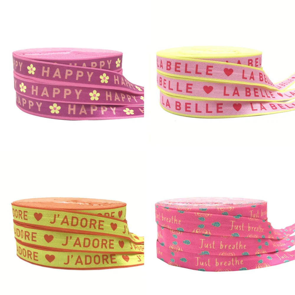 10Yard HAPPY LA BELLE Print Letters Fold Over Elastic 15MM FOE Ribbon For DIY Headwear Gift Webbing Accessories