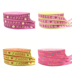 10Yard HAPPY LA BELLE Print Letters Fold Over Elastic 15MM FOE Ribbon For DIY Headwear Gift Webbing Accessories