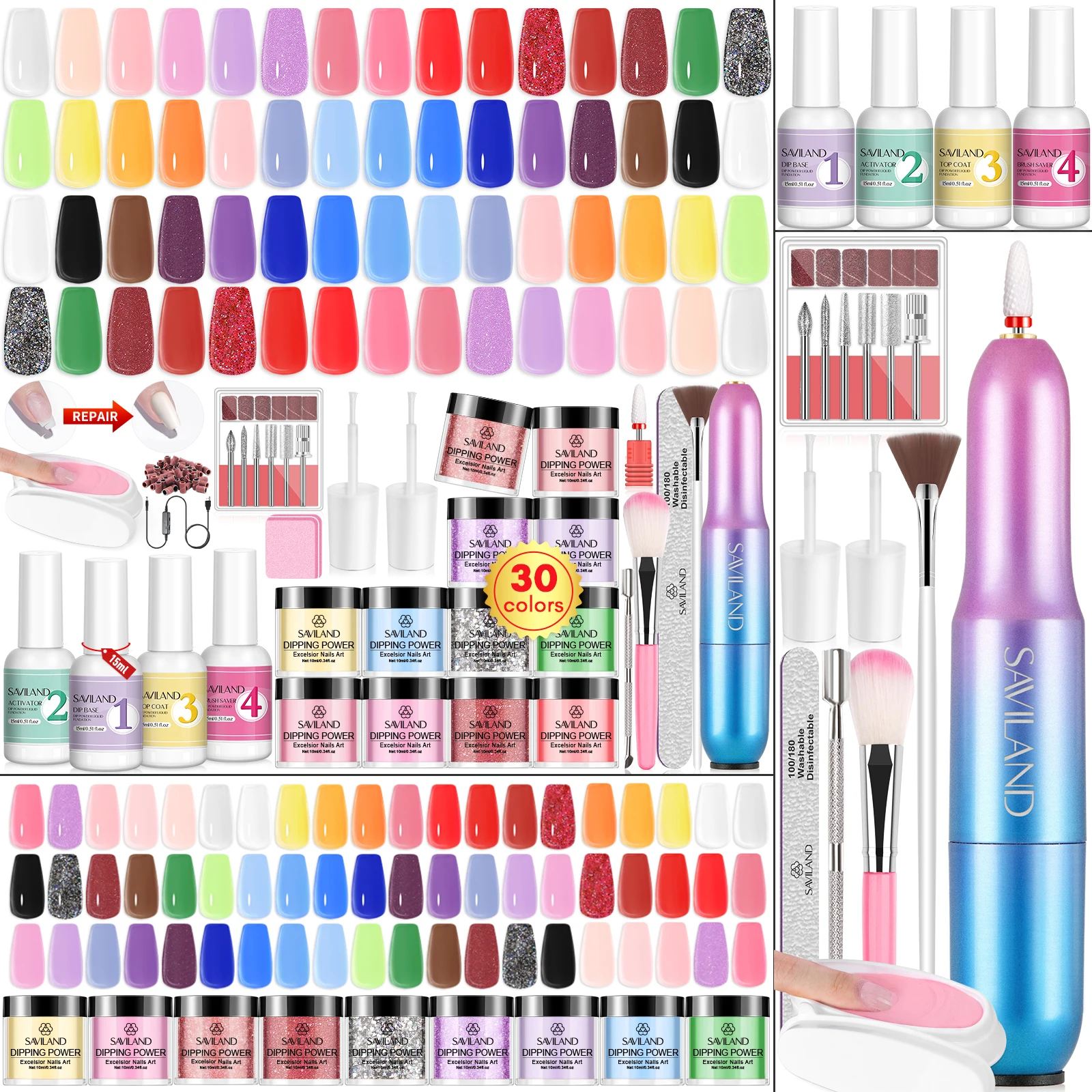 SAVILAND 30 Colors Dipping Powder Dip Powder Liquid Set with Base Top Coat with Electric Nail Drill  Kit for DIY Nail Art