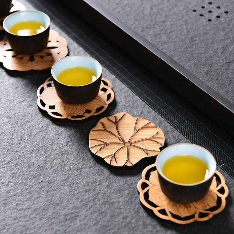 Buddisum Coasters Mat Wooden Bamboo Lotus Root Shape Round Cup Table Tea Coffee Placemat Home Decoration Kitchen Accessories
