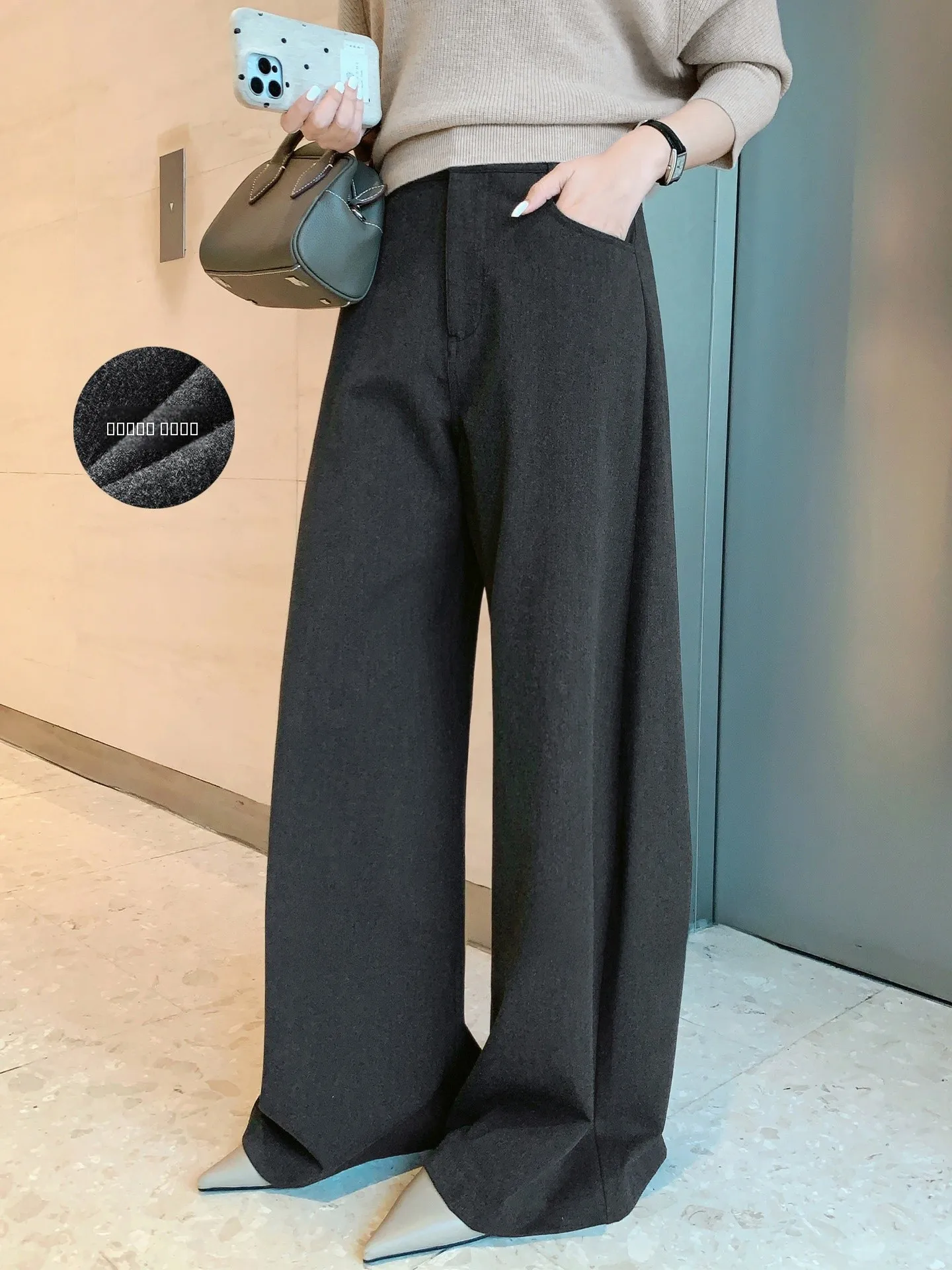 

MeiYang Curved Blade Fce Lined Casual Workwear Pants High Waist Wide Leg Harlan Sle Thiened Polyester Spring Season