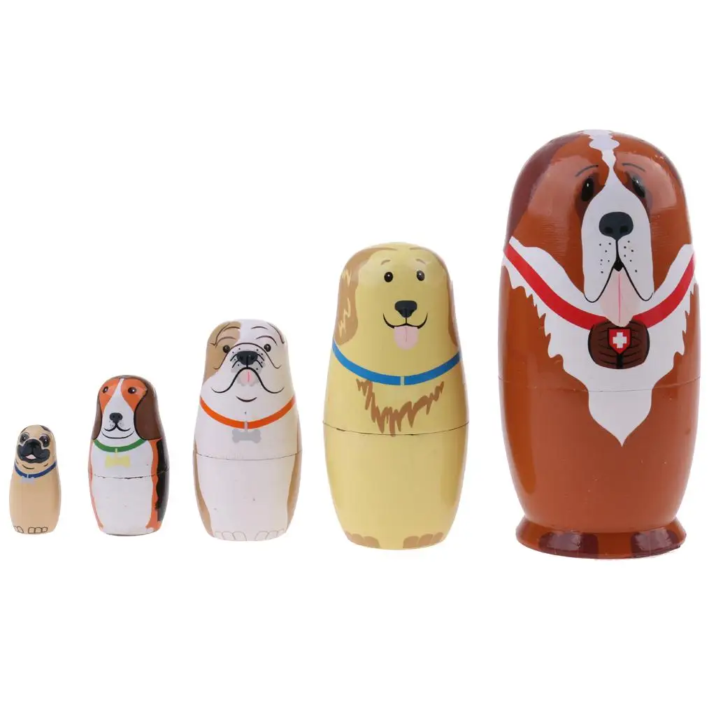 5 Pieces Set Cute Dogs Patterns Wooden Russian Nesting Dolls Stacking