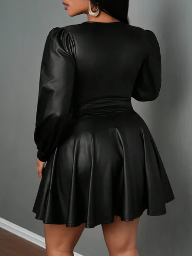 Imagen 2 del producto Falda de cuero de talla grande para mujer, cuello en V profundo, manga acampanada, cintura ceñida, traje de fiesta de corte en A, conjunto Sexy para chica