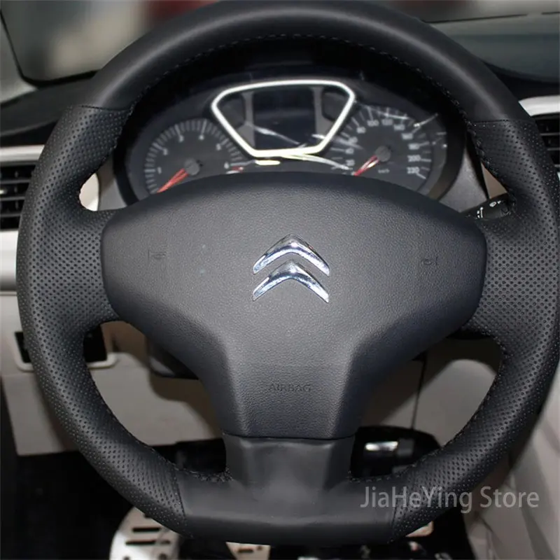 DIY Customized Hand-Stitched Non-Slip Leather Car Steering Wheel Cover Braid For Citroen Elysee C-Elysee 2014 Interior