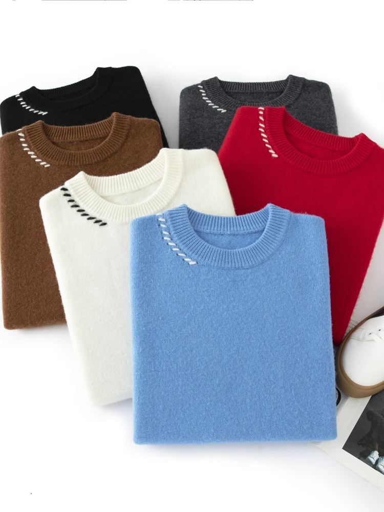 

Трикотаж из 100% мериносовой шерсти, мужские и женские пуловеры, свитер, толстый кашемир с круглым вырезом и длинным рукавом, осень-зима, новые повседневные молодежные топы