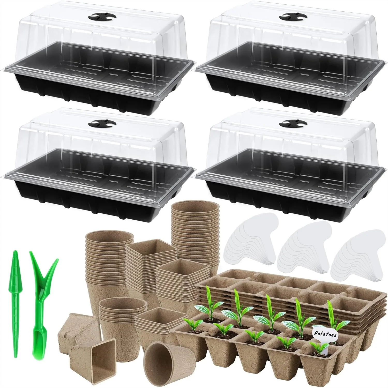 

Seed Starter Tray Set 4 Pack with Peat Pots, Plastic Germination Trays, Plant Labels and Mini Tools for Flower Vegetable