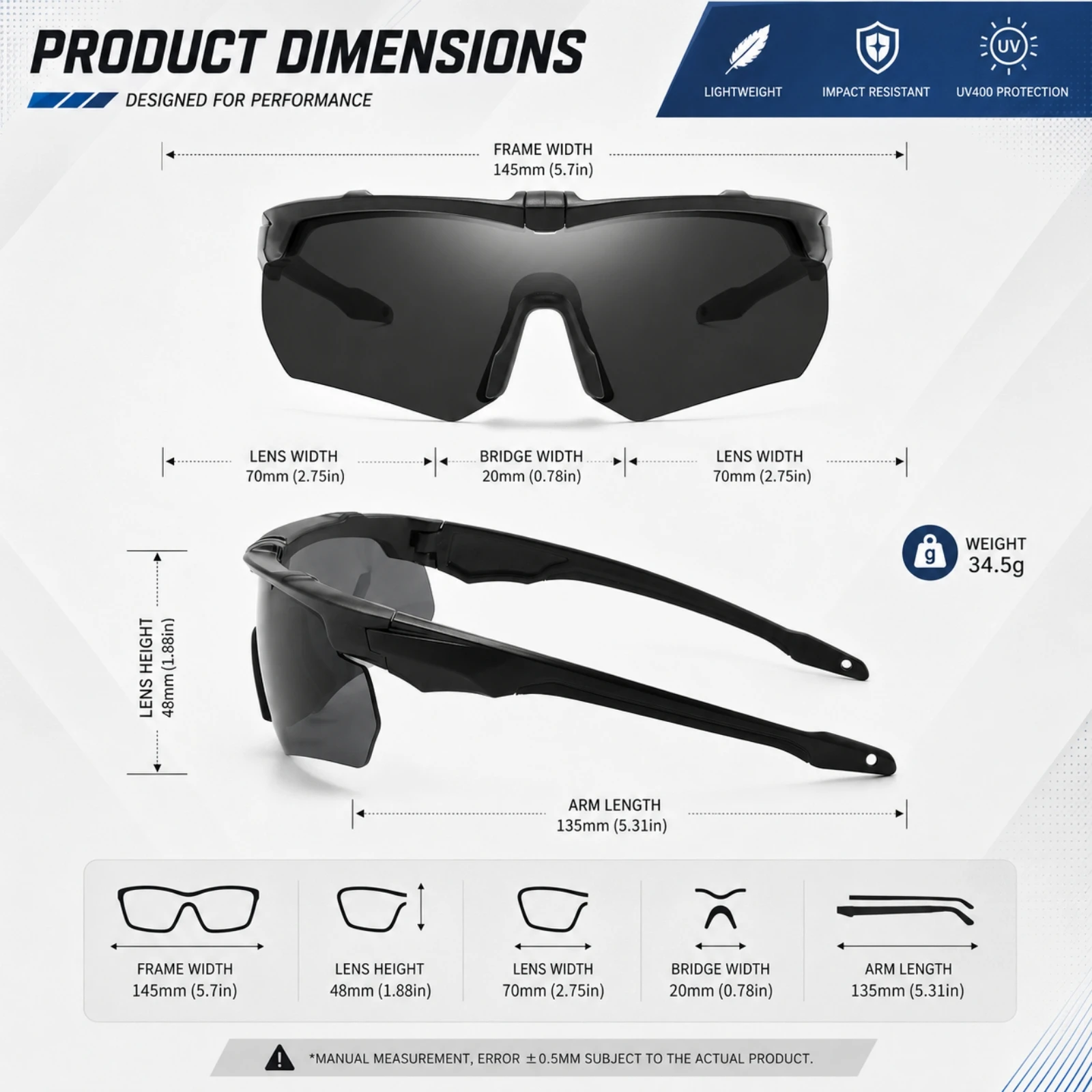 3-Linsen-Sport-Schutzbrille, UV400 Stoßfeste Winddichte Brille für Radfahren, Motorradfahren, Jagd & Outdoor-Sport – Detail 7