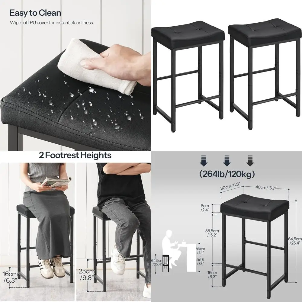 

25.4 Counter Height Saddle Bar Stools with PU Upholstery and Footrest for Kitchen, Dining, Cafe, and Bar
