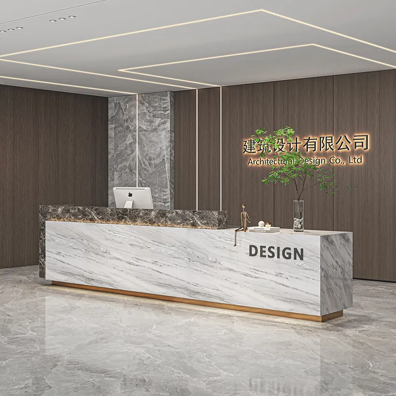 Customized High-end Company Marble Front Desk Sales Department Hotel Lobby Club Rock Slab Bar Checkout Page