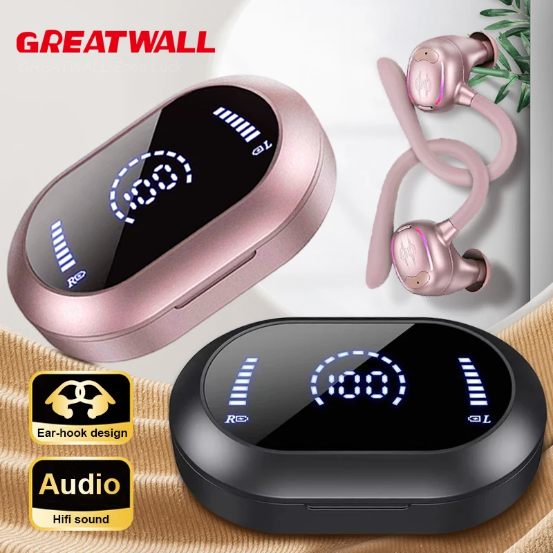 GREATWALL Wireless Bluetooth Earphones HiFi Stereo Headphones Sports Tws LED Power Display Earhooks Over Ear Earbuds for Running