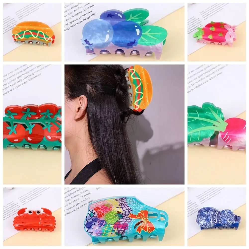 Pinza para el pelo de flor acrílica a la moda, pinza para el pelo de fruta, uva, tomate, sombreros de Hamburgo, comida simulada, Clip de tiburón, ropa de calle