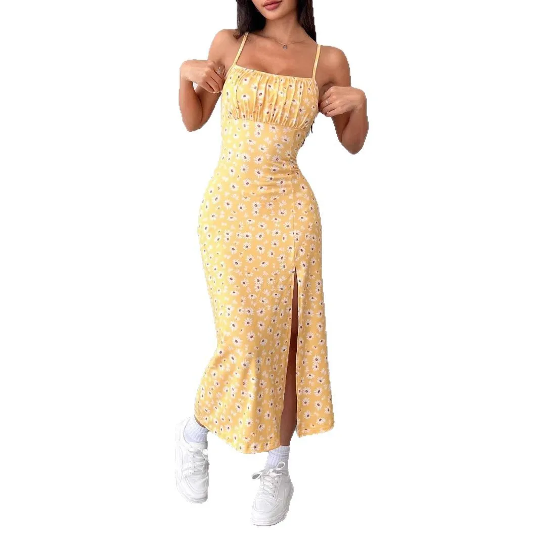 2025 Wiosna/lato Sukienka damska z szelkami, owinięta w klatkę piersiową, rozcięcie, mała stokrotka, nadruk owinięty biodrami, sukienka średniej wielkości