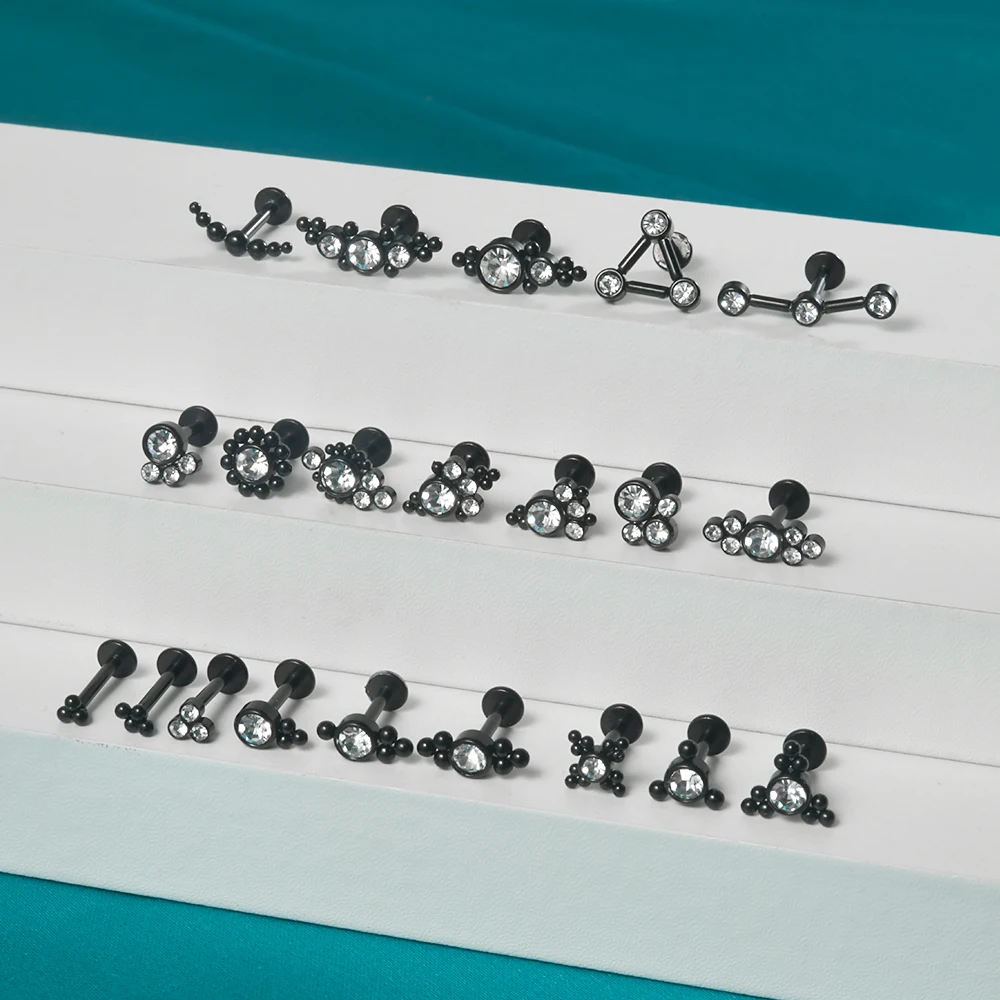 1PC Surgical Steel Black Plated Labret Crystal Cluster Helix Tragus Cartilage Flat Base Ear Studs Piercing Jewelry 16G