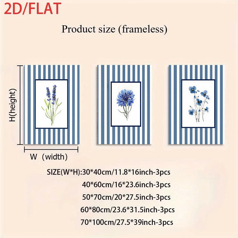 A set of simple blue and white striped triptych frameless paintings featuring lavender, cornflower, and daisies in 2D.