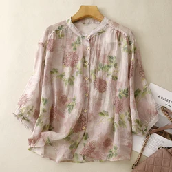 Camisa con estampado de estilo chino para mujer, blusa Vintage de lino y algodón, ropa holgada de manga corta, Top coreano, 2024