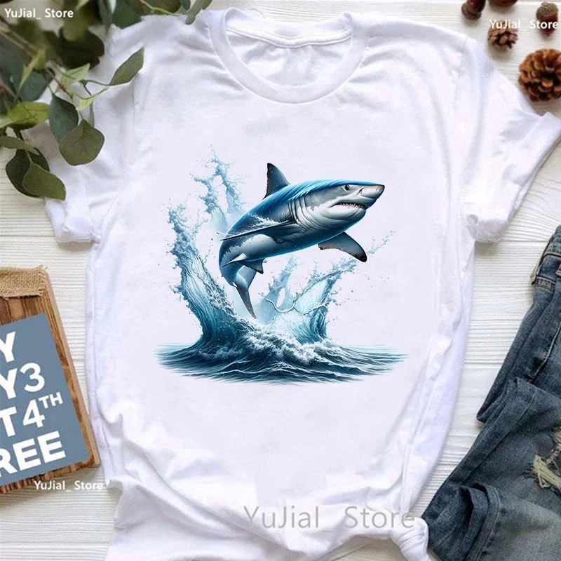 Golden Shark Printed T Shirt Women Clothes 2024 Summer Fashion Tops Tee Shirt Femme Harajuku Shirt Casual Funny T-Shirt Female