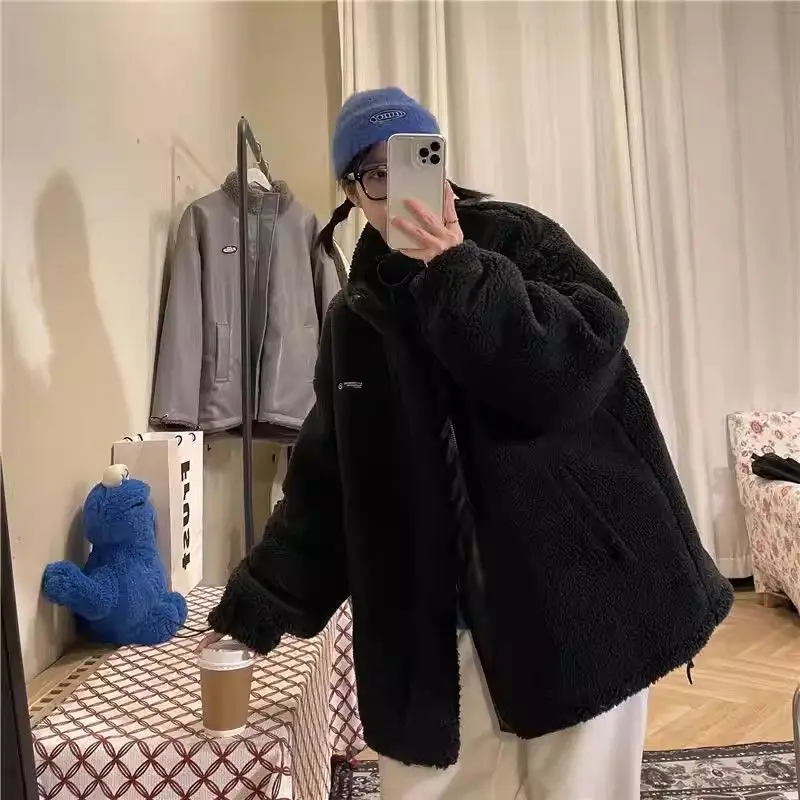 Lamb Velvet Cotton Jacket Unisex Winter Warm Stand Collar Loose Double-Sided Wear Bread Style Trendy Cotton Coat for Teens
