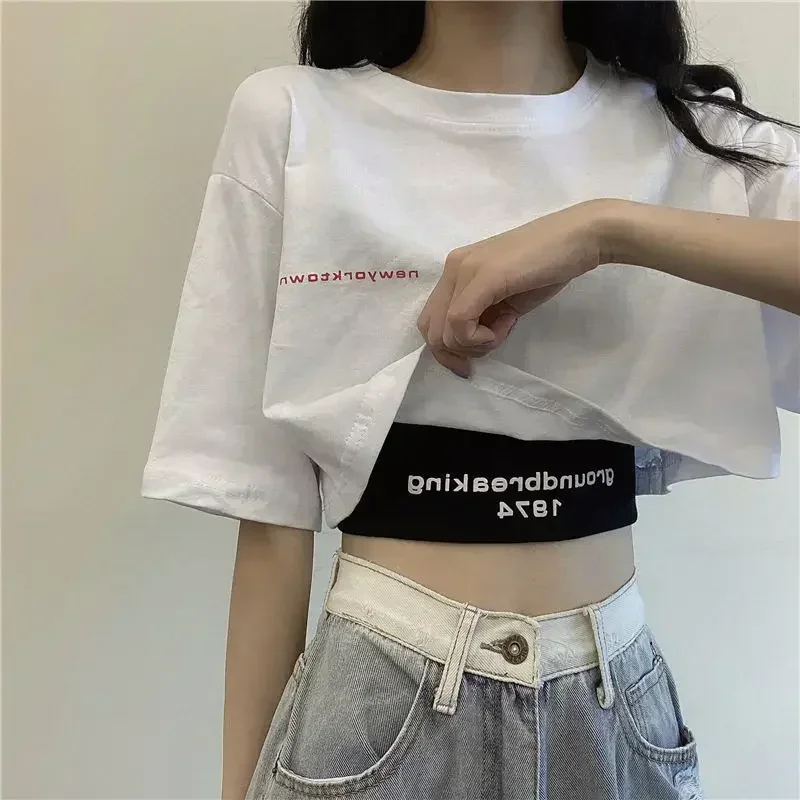 

White Short Sleeved T-shirt Women Summer New 2025 Short High Waist Loose Crop Top Casual Basic Dancing Tees