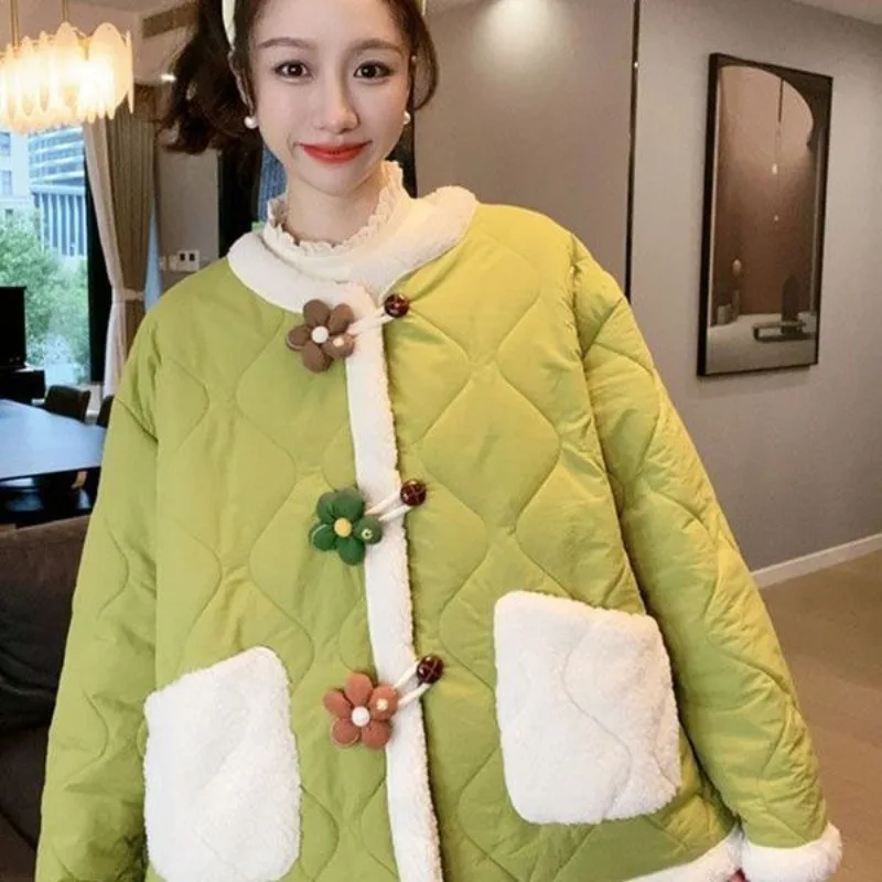 Kawaii Clothing Women Cotton Coat Flower Buttons Autumn Winter Parkas Long Sleeve Jacket Warm Bread Coat Korean Fashion New