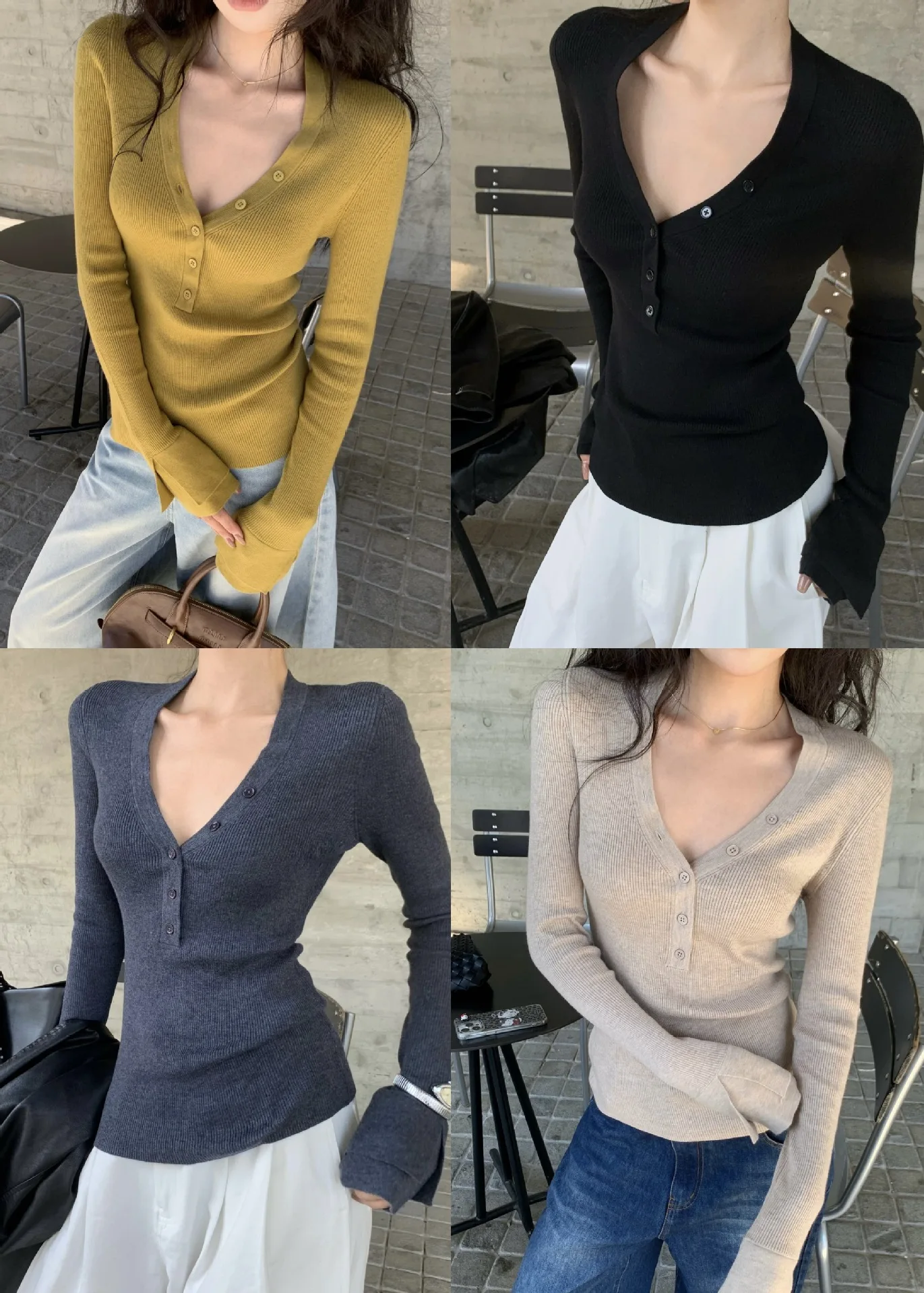 Autumn and winter new Korean style V-shaped splicing slimming knitted bottoming shirt gray