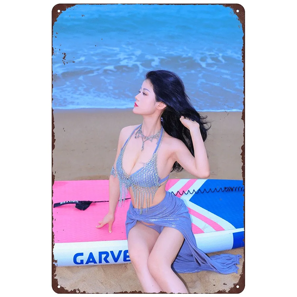 HD Tin Sign Vintage Asian Girl in Blue Rhinestone Bikini Beach Paddle Board Metal Wall Art Retro Decor for Home Bar Cafe