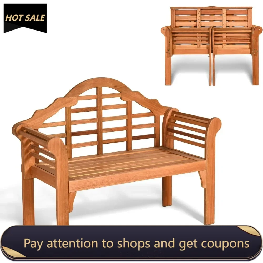 Outdoor Wood Bench, 4 Ft Foldable Eucalyptus Garden Bench, Chair Solid with Curved Backrest and Armrest Ideal for Patio, Porch