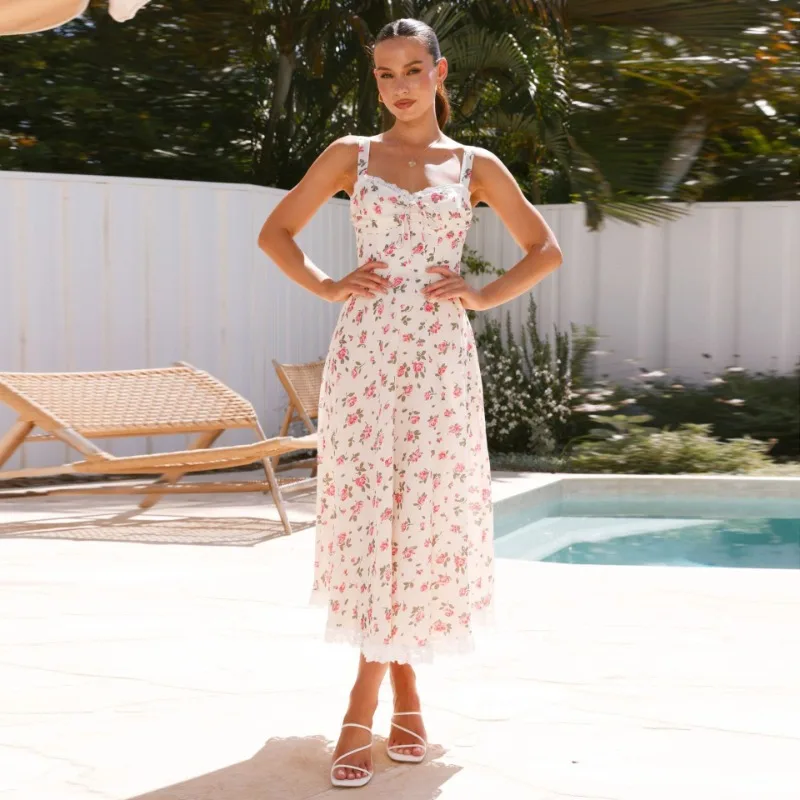 Abito da donna in pizzo stile francese - Abito lungo sexy con spacco aderente con scollo a V e ritagli laterali e accento in vita