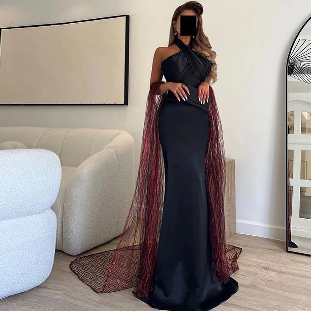 

Saudi Arabia Evening Gowns Elegant Halter Shawl Straight Sweep Train Pleats Contrast Color Satin Sleeveless Dresses For Formal