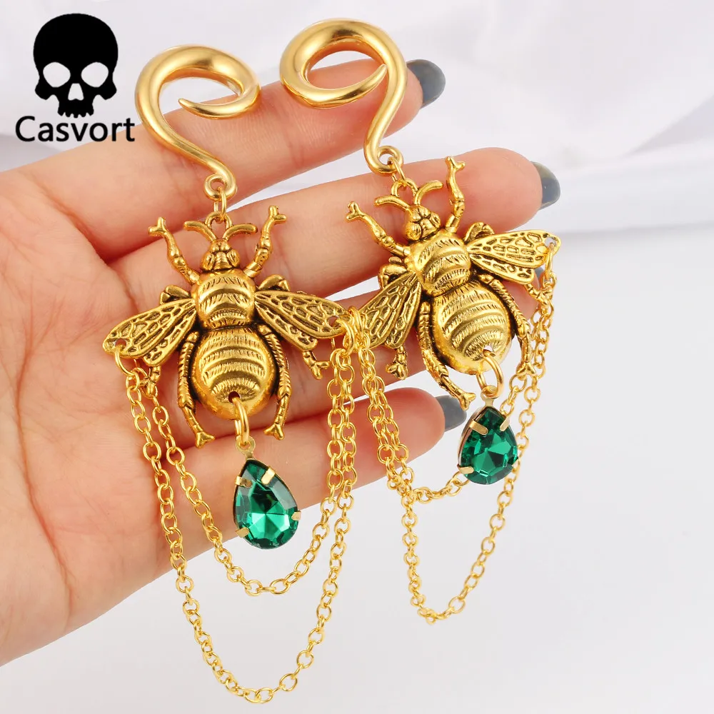 Casvort 2PCS Vintag Golden Bee Ear Weight Hangers Earrings Hook Dangle Stretcher Women Piercing Body Jewelry Expander