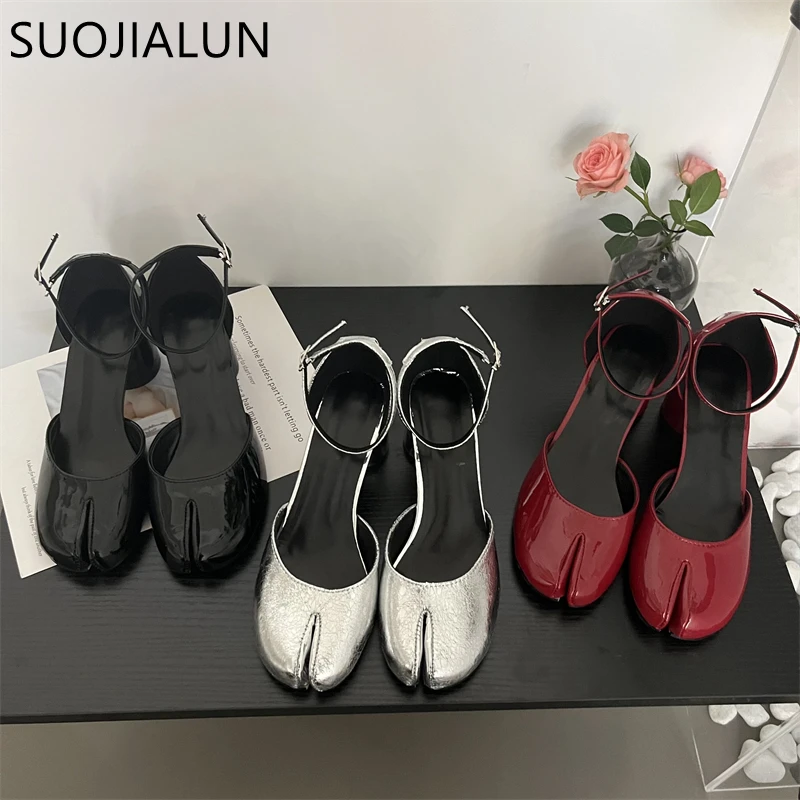 SUOJIALUN 2023 Summer New Women Women Sandal Fashion Split Toe Shallow Ladies Slingback Shoes Round Med Heel Dress Pumps Shoes