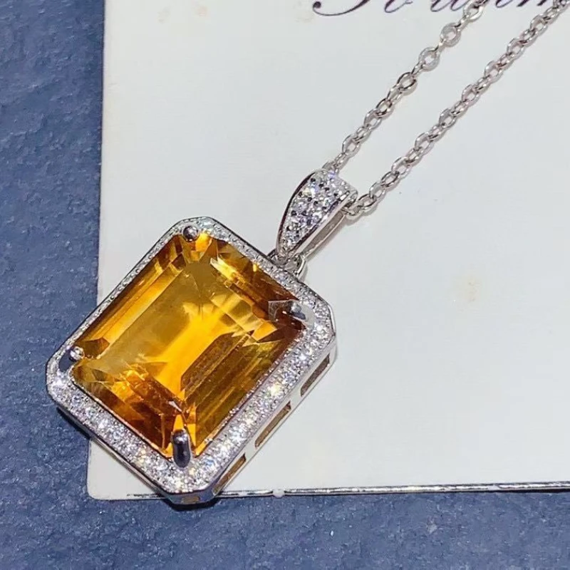 Classic Design 925 Silver Crystal Pendant 10mm*12mm Natural Citirne Pendant with Certificate 18K Gold Plated Citrine Necklace
