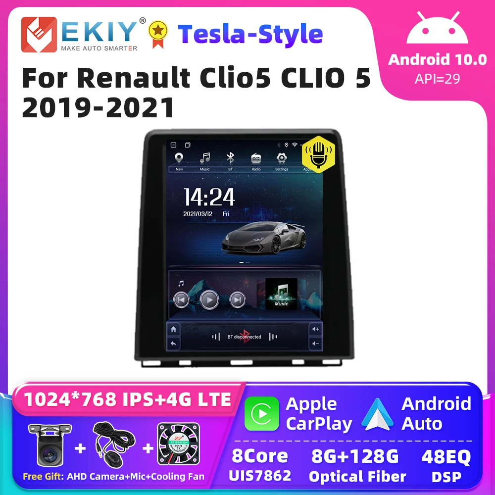 

EKIY для Renault Clio5 CLIO 5 2019-2021, автомобильный радиоприемник Tesla Style IPS, мультимедийный Android Auto Carplay, GPS-навигатор, плеер