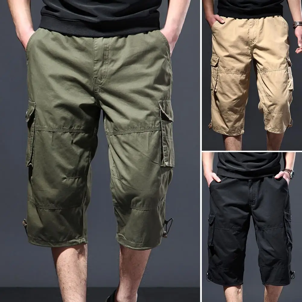 Trendy Drawstring Cotton Camouflage Print Multi Pockets Cargo Pants Loose Type Men Cropped Pants Daily Clothes