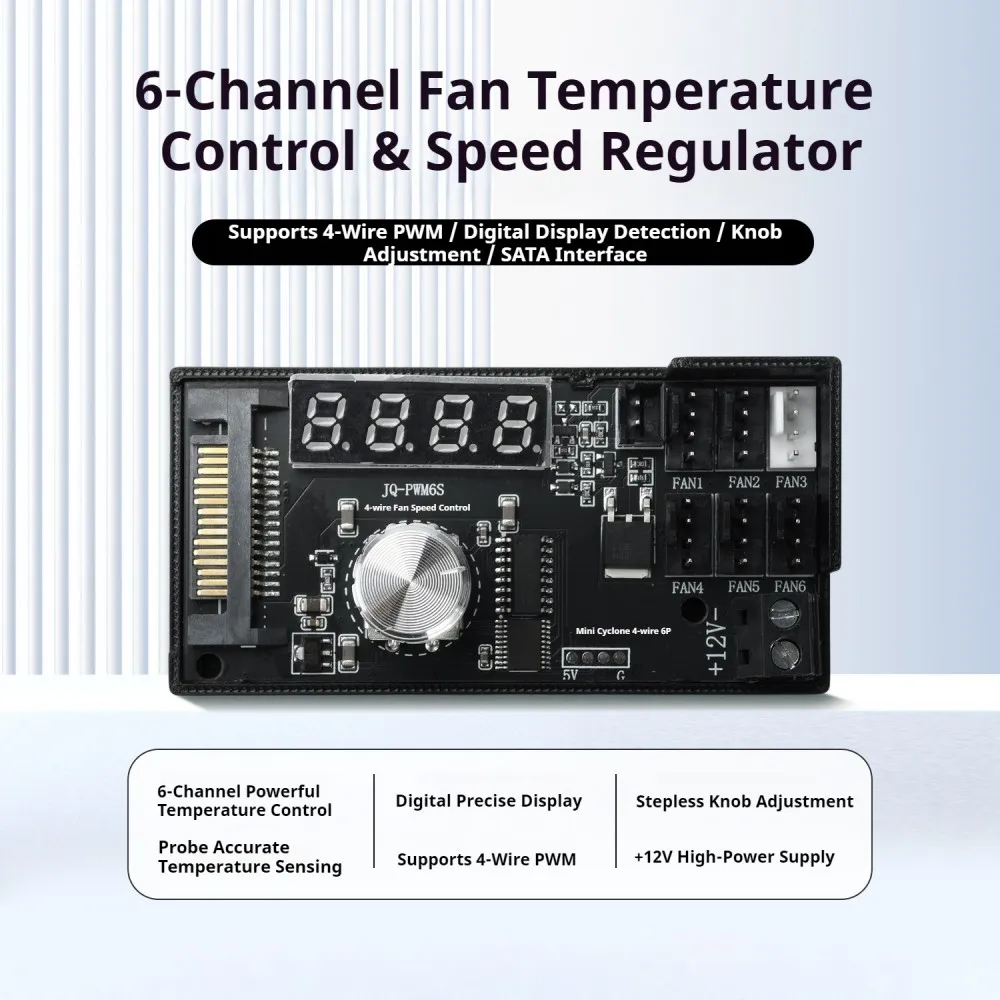 PWM Fan Speed Controller 12V 6 Channel 4 Wire Digital Display Temperature Manual Auto Control SATA Power Supply for Cooling Fan