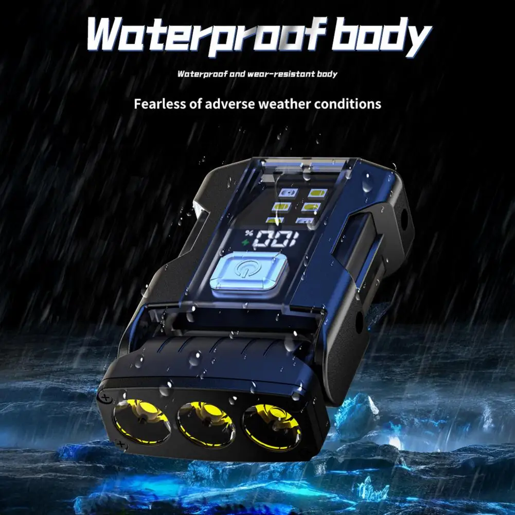 وسائط المصباح الأمامي بمشبك القبعة، مصباح أمامي قابل للتعديل، مشبك على القبعة مع شاشة رقمية، أوضاع مقاومة للماء، USB للغطاء